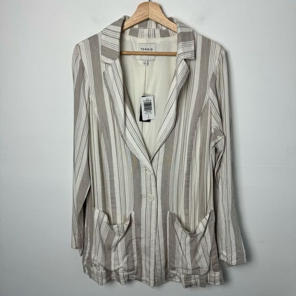 NWT Torrid Linen Striped Blazer White + Beige Coastal Light Size 0 12 Large - Picture 4 of 15